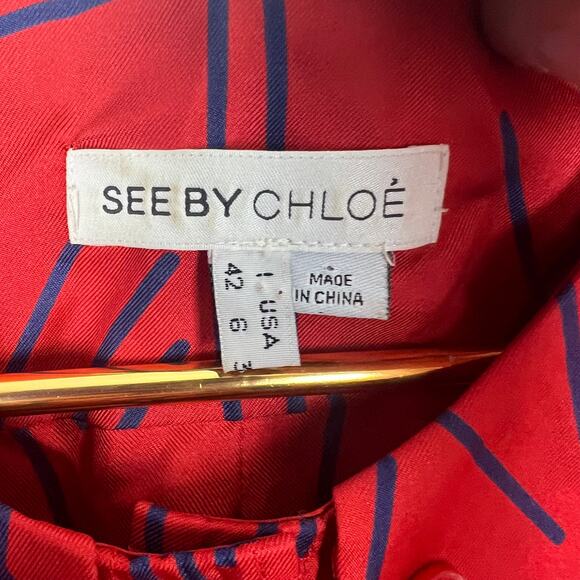 See by Chloé Red Silk Blouse Peter Pan Collar Button Down Long Sleeve US 6 - Picture 5 of 7